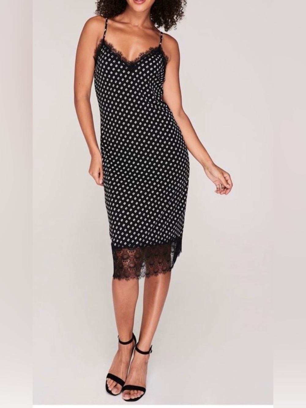 Women's Michael Kors Black White Polka Dot Lace Trim Midi Slip Dress XXS